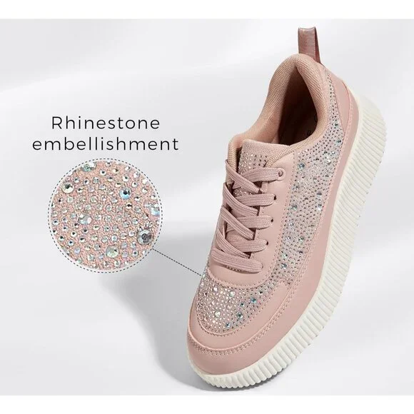 Lucky Step Women's Pink Rhinestone Platform Sneakers Fashion Chunky Shoes - Picture 3 of 6